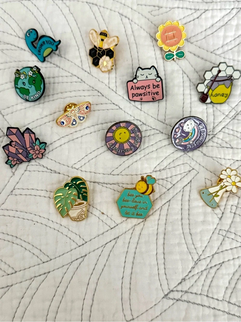 Assorted Cute Enamel Pin Set - Bee, Cat, Plants & Crystals - Multicolor